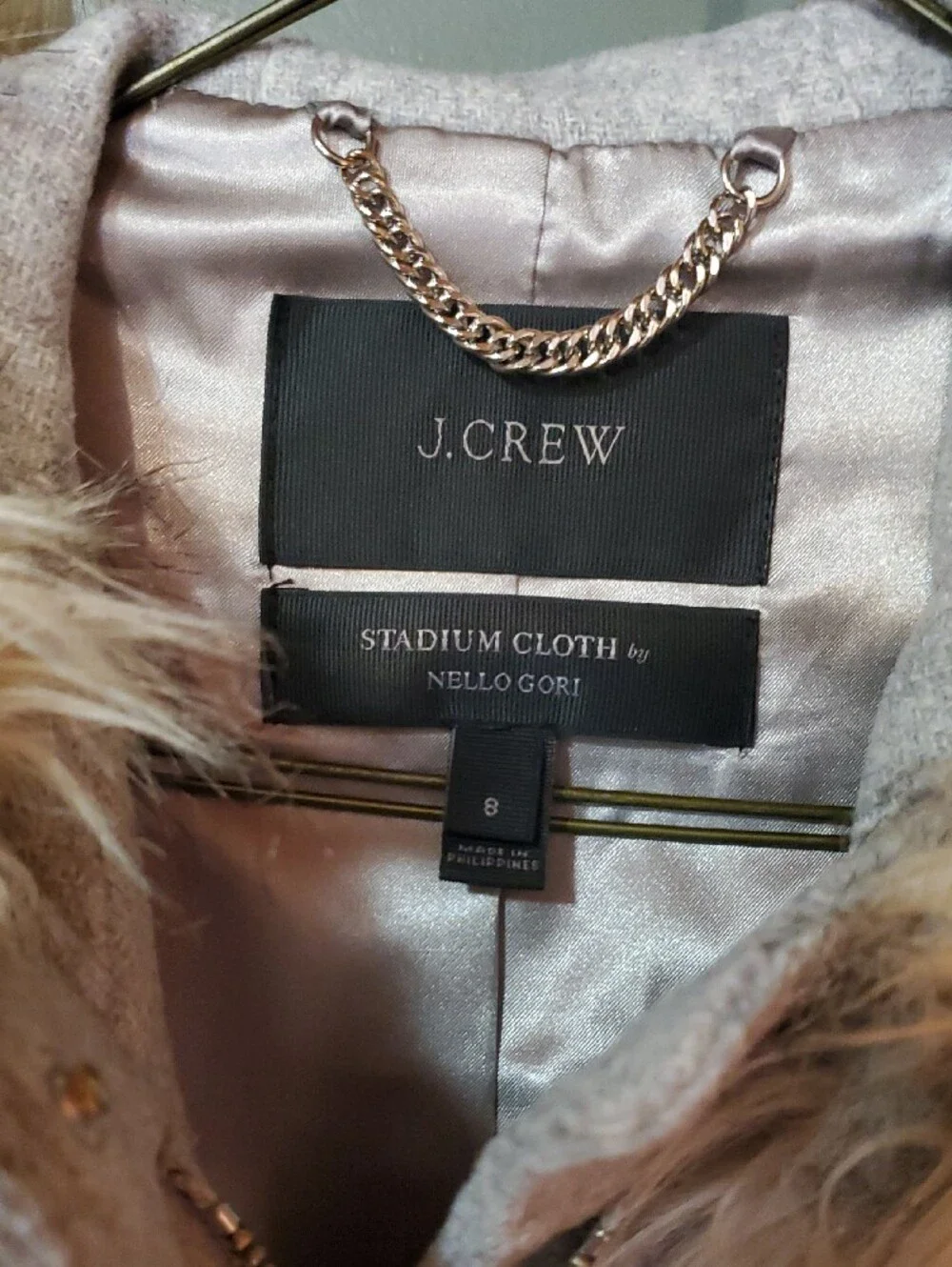 J. Crew Light Gray Wool-Blend Trench Coat with Faux Fur Hood